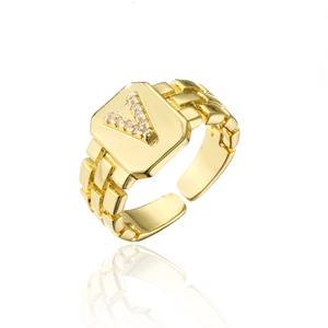 Detailed view of an 18K gold plated 'V' initial ring with sparkling AAA zircon accents