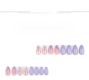 Detailed set of 24 purple almond fake nails with floral patterns and silver French lines