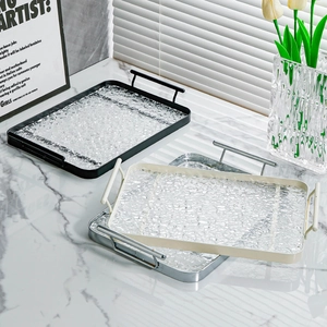 Elegant rectangle glass serving trays with metal frames in black, white, and silver