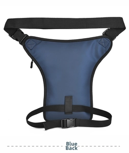 Rear view of blue waterproof tactical leg bag showing adjustable straps and buckles