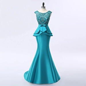 Robe De Soirée Sirène Dentelle Broderie Satin Basques Noeud Col Rond Sans Manches Robe De Mariée Pour Femmes