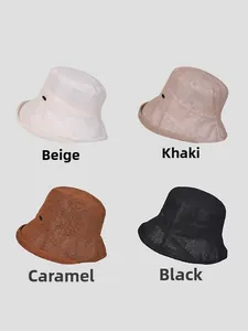 Collage of lace bucket hats in beige, khaki, caramel, and black with ruffled brims
