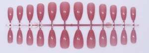 Detail view of 24 translucent mauve almond press-on nails on a plastic holder