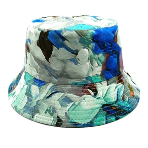 Close-up of artistic floral pattern canvas bucket hat with reinforced stitching