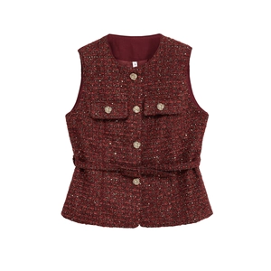 Burgunderfarbene Damen Tweed Weste mit goldenen Knöpfen und Pailletten, Vorderansicht