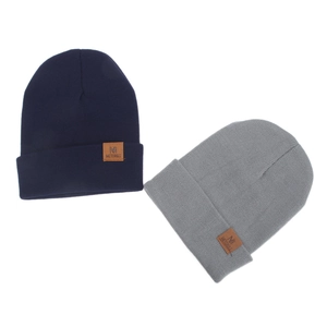 Stylish M-logo knit beanie hats for women, warm winter headwear in navy and grey