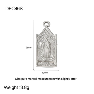 Detailed view of Virgin Mary relief pendant in gothic arch frame with size measurements