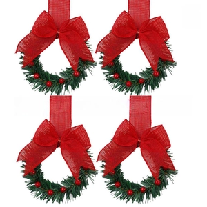 Set of four mini Christmas cabinet wreaths with red berries and burlap ribbon bows