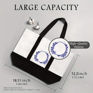 Detail view of large canvas tote bag with 46x31cm size specs and blue floral print