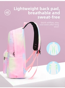 Detail of breathable padded back panel on a gradient school backpack for comfort