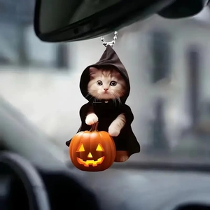 Acrylic Halloween car mirror hanging ornament featuring a cat holding a glowing pumpkin