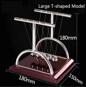 Detailed view of a large T-shaped Newton's cradle showing 180mm height and 150mm width