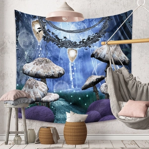 Detail of enchanted mushroom forest tapestry with vibrant blue and purple neon glowing lights