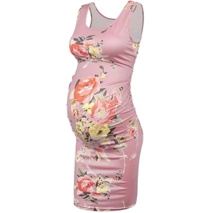 Pink floral print sleeveless maternity dress with ruched sides and round neckline