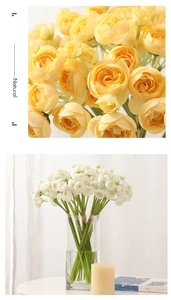 Macro shot of artificial camellia and ranunculus silk flowers in yellow and white tones