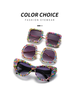 Three colorful candy-crust glitter sunglasses in square, hex, and cat-eye frames