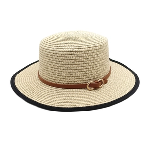 Flat top straw hat with black brim binding and brown leather belt with gold buckle