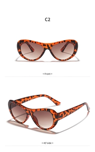 Detailed front and 45-degree views of retro leopard print sunglasses with brown lenses
