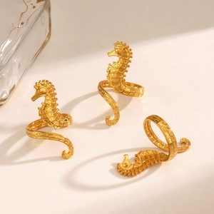 Stainless Steel Seahorse Ring Adjustable Open Band Ocean Animal Style Vacuum Gold Plated Beach Vacation Jewelry For Women