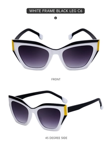 Front and 45-degree side views of black and white cat eye sunglasses, model C6