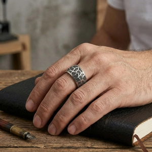 Close-up of vintage stainless steel men's ring with irregular totem patterns and oxidized finish