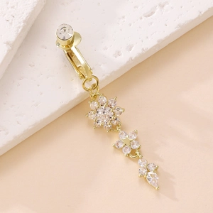 Golden sun flower belly button ring with zirconia heart pendant and non-pierced design