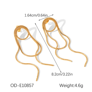Detail view of 18k gold plated long fringe earrings with measurements and weight specifications