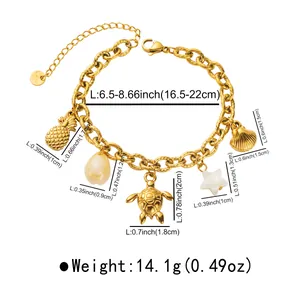 Size chart for ocean theme gold stainless steel bracelet with turtle and shell charms