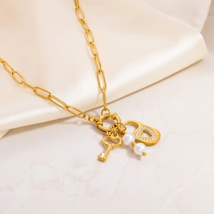 Golden stainless steel necklace with heart lock and key pendants and freshwater pearls