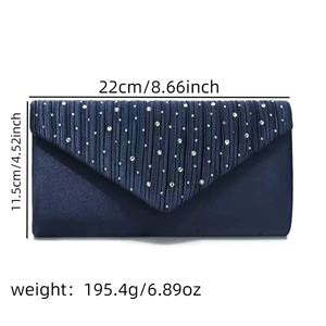 Detail showing dimensions of the dark blue rhinestone evening clutch with silk texture