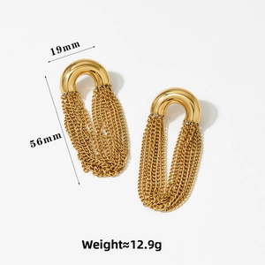 Detail of gold chain tassel earrings with 19mm width and 56mm height dimensions