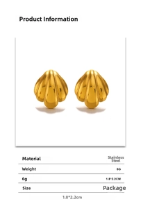 Detail view of 18x22mm gold shell earrings in stainless steel with 6g weight specs