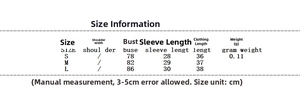 Detailed size chart showing shoulder, bust, sleeve, and length measurements for the blouse