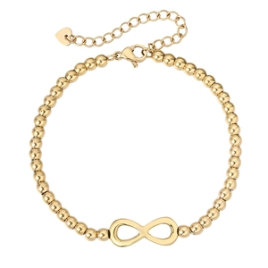 Minimalist gold beaded bracelet featuring a polished infinity symbol and heart charm