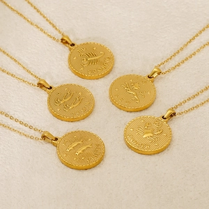 18k gold plated stainless steel zodiac medallion necklaces with embossed constellations