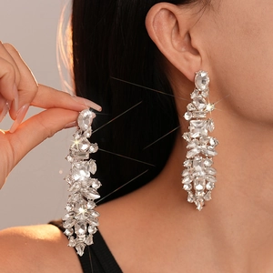 Luxury Rhinestone Long Tassel Drop Earrings With Silver Earring Post Geometric Oversized For Wedding Party Women