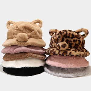 Plush Bucket Hat With Bear Ears Faux Fur Winter Warm Basin Hat For Women Japanese Korean Style Cute Soft Headwear