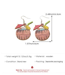 Detailed view of lightweight coconut drink shaped wooden earrings with size markings