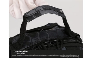 Close-up of reinforced camo handle with heavy-duty stitching on tactical chest bag