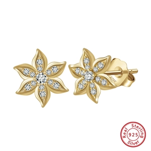 Exquisite S925 sterling silver flower stud earrings with gold plating and zircon stones
