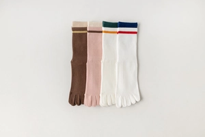Detailed flat lay of four pairs of breathable five-toe socks in various soft colors