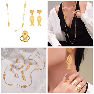 Macro view and model shot of 18k gold plated fishbone heart jewelry set for women