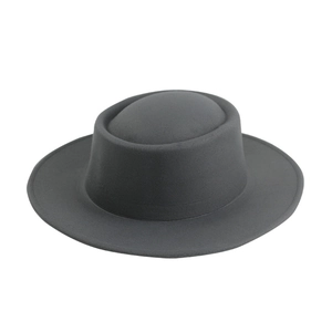 Minimalist dark gray wool felt fedora hat with wide brim and flat top for men and women