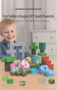 Macro shot of magnetic blocks with pixelated textures and dinosaur figures