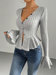 Elegant grey V-neck knit cardigan with ruffled peplum hem and long flared sleeves