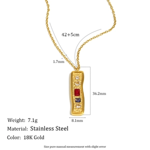 18K gold plated stainless steel rectangle pendant necklace with colorful zircons