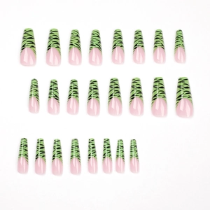 French green tiger stripe long coffin press on nails set with 24 pieces on white background