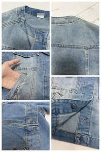 Macro details of light blue denim jacket with utility pockets and contrast stitching