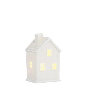 Nordic white ceramic house ornament with warm LED light and minimalist hollow design
