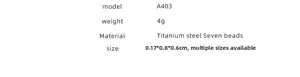Specifications for titanium steel seven-bead twist ring showing model A403 and US sizes